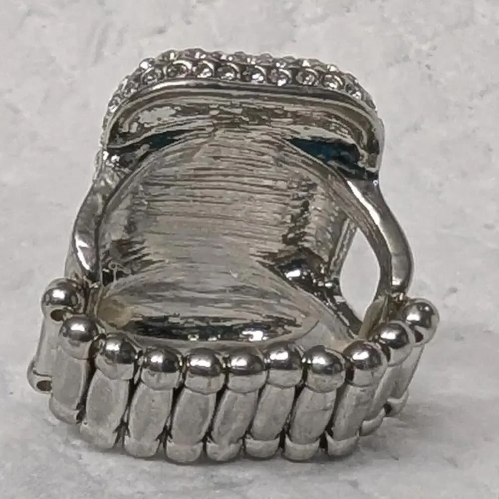Statement Ring SilverTone‎ Red Clear Rhinestones Stretch Plus Size Square New